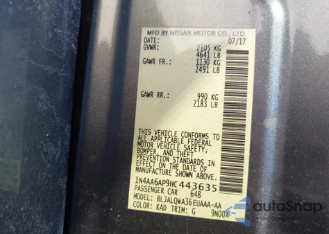 2017 Nissan Maxima 3.5 S z USA, uszkodzony, nr VIN 1N4AA6AP9HC443635